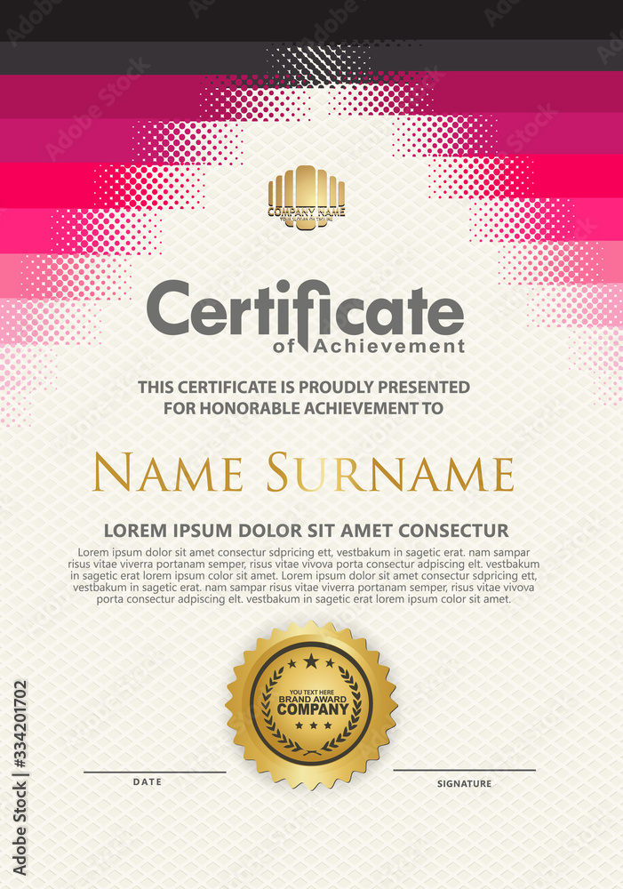 Fototapeta premium Futuristic vertical modern certificate template with diagonal halftone ornament on background. vector illustration