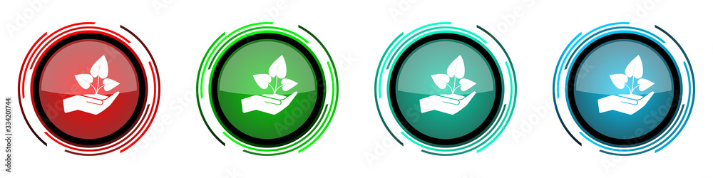 Plant care hand round glossy vector icons, set of buttons for webdesign, internet and mobile phone applications in four colors options isolated on white background Plant care hand round glossy vector icons, set of buttons for webdesign, internet and mobile phone applications in four colors options isolated on white background