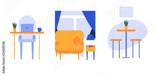 Interiors creation kit of different furniture for home, caffe and work place vector illustration