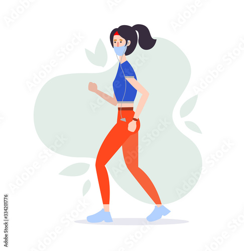 yong white woman running with face mask outdoors activity during quarantine