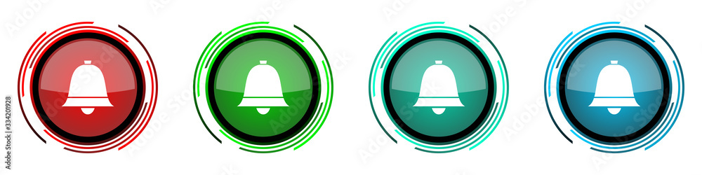 Bell, ring, alarm round glossy vector icons, set of buttons for webdesign, internet and mobile phone applications in four colors options isolated on white background Bell, ring, alarm round glossy vector icons, set of buttons for webdesign, internet and mobile phone applications in four colors options isolated on white background