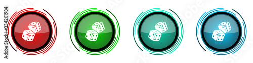 Dice, casino round glossy vector icons, set of buttons for webdesign, internet and mobile phone applications in four colors options isolated on white background