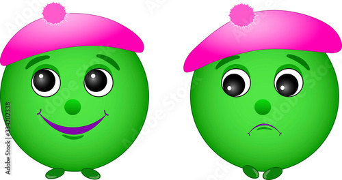 A smiley green in a beret , emotions , joy, sadness. Isolated, white. Vector