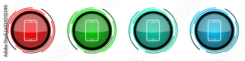 Smartphone round glossy vector icons, mobile phone set of buttons for webdesign, internet and mobile phone applications in four colors options isolated on white background