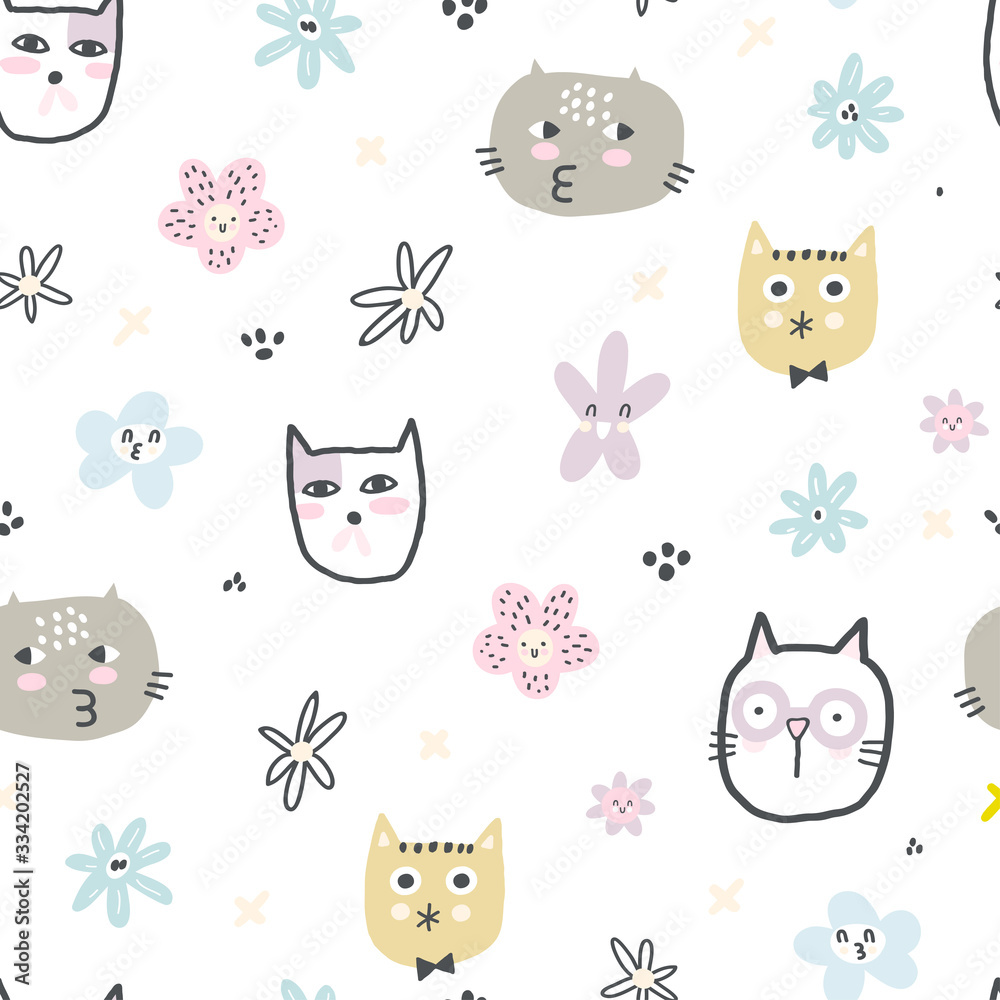 Childish seamless pattern with different funny cats and cute flowers. Creative childish texture for fabric, wrapping, textile, wallpaper, apparel. Vector illustration.