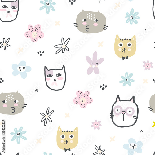 Childish seamless pattern with different funny cats and cute flowers. Creative childish texture for fabric, wrapping, textile, wallpaper, apparel. Vector illustration.