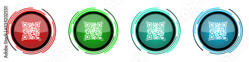 Qr code round glossy vector icons, shopping set of buttons for webdesign, internet and mobile phone applications in four colors options isolated on white background