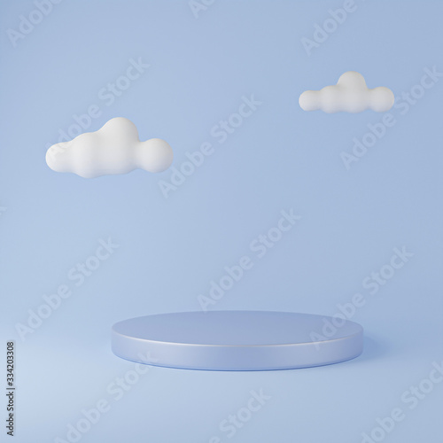 Blue cylinder podium   white cloud platforms for cosmetic product presentation. 3d rendered illustration with geometric shapes. mock up minimal design with empty space. Abstract composition modern