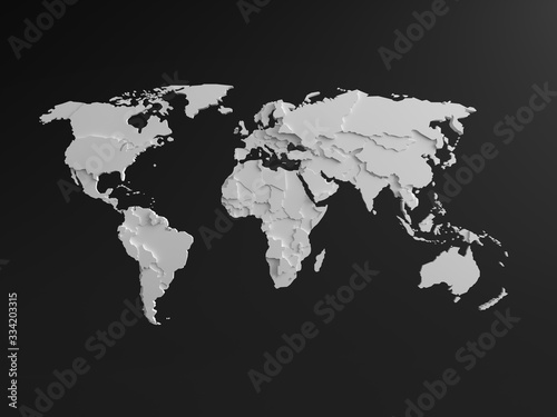 3D simulated world map White colors divided into zones for each continent. Divided into six continents, Isolated on black backgrounds. Minimalist Black, illustration, 3D rendering.