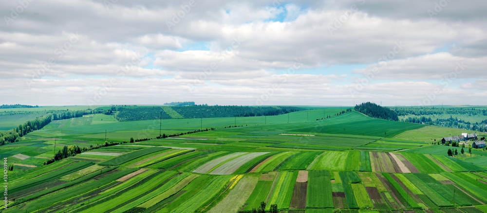 Panoramic view of agricultural land, fields and gardens, patch of land Ternopil region, Terebovlya district.