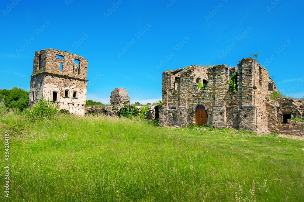 Ukraine, Podgora village, Ternopil region, Terebovlya district. Pidhiryan Monastery, ruins of monastery gate and cell