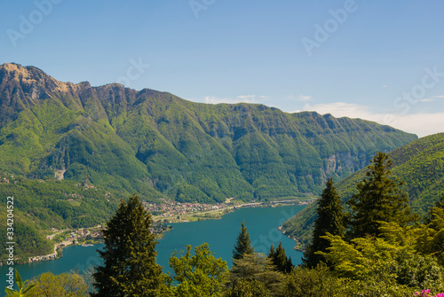 View of the Parco San Grato in Lugano, Switzerland. Alpine mountain scenery on a sunny summer day and views of Lake Lugano.  © Hanna