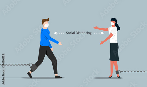 Social and physical distancing illustration concept. Man and woman got chained metaphor vector. Social issues for prevention and safety action from pandemic disease