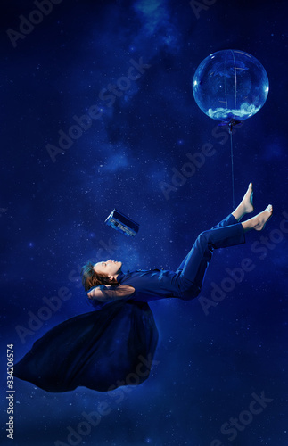 Fantastic picture. boy flying in the air. the idea is taken from the story 