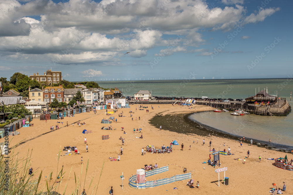 Golden sand of Viking Bay Broadstairs, Thanet, Kent, UK and the historic Bleak House on a sunny summer day.Broadstairs Kent England.June 28 2018