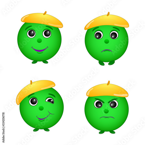 Set of different emotions, face,green smiley, isolated, white. vector
