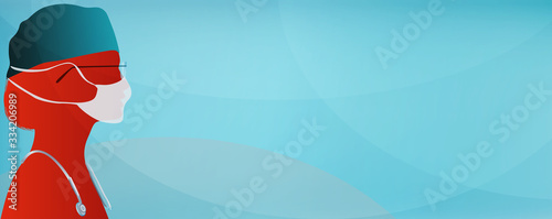 Banner. Portrait silhouette doctor or nurse in profile protecting himself with a medical mask against coronavirus. Panorama medical and nursing staff. Corona virus concept. Copy space
