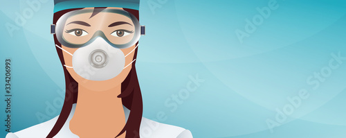 Portrait Doctor or Nurse protecting himself with a mask and medical glasses against coronavirus. Banner. Medical and nursing staff. Panorama. Communication. Sanitary emergency. Copy space