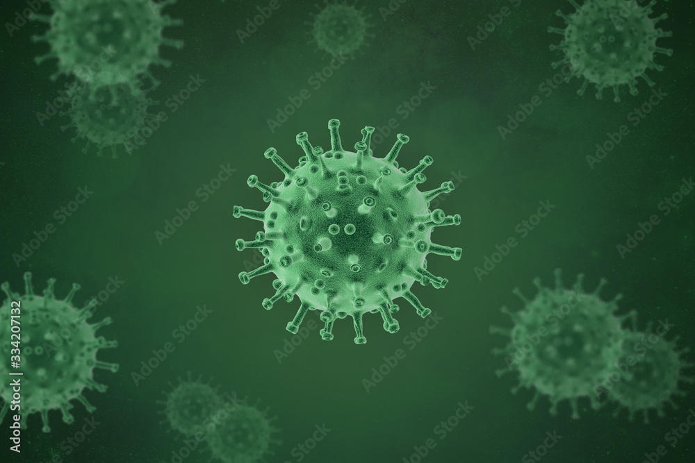 3D illustration of china epidemic coronavirus 2019-nCoV in Wuhan, banner with bacteria - background. 3D rendering. Virus Infection. Medical wallpaper. Quarantine illustration. Global pandemic concept.