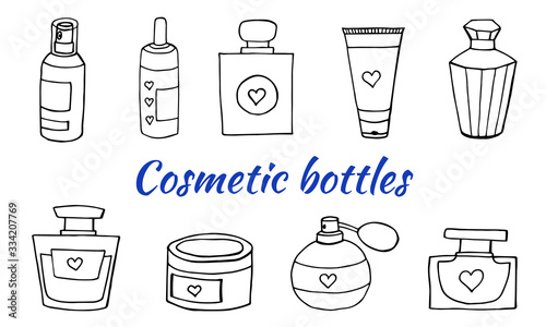 Vector doodle illustrations. Set with close-up of containers for cosmetics on a white isolated background. Cosmetic bottle icons.