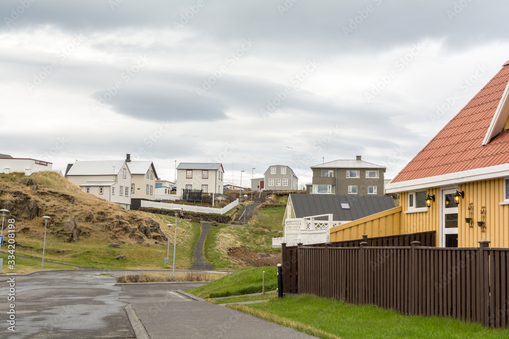 Olavsvik, Iceland : 2017 MAY 14 : Cloudy day in the street ofon Olavsvik, a typical Icelandic town in the Snaefellsnes peninsula