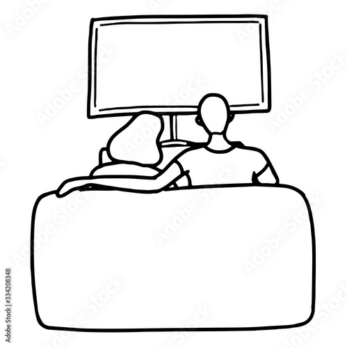 Hand drawn vector illustration. Loving couple are sitting at home and watching TV. Home pastime and relaxation concept. Black outline graphic picture isolated in white. Doodle, flat, simple style.
