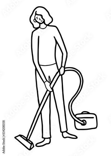 Hand drawn vector illustration. Woman with a vacuum cleaner. Cleaning service concept. Logotype or sign of Housework. Black outline graphic picture isolated in white. Doodles  flat  simple style.