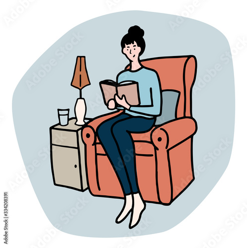 Hand drawn vector illustration. Woman is sitting in a comfortable chair and reading a book. Favorite home hobby concept. Colored cartoon graphic picture isolated in white. Doodles, flat, simple style.