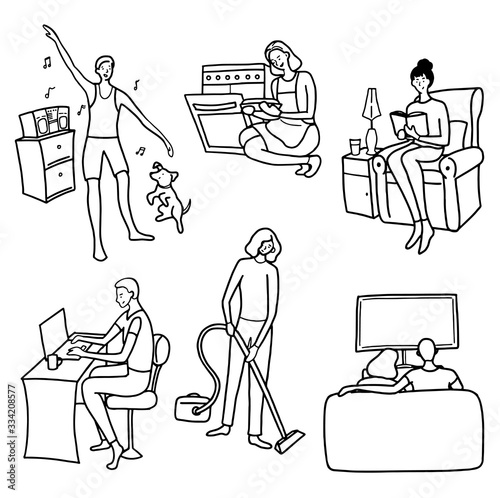 Set of illustrations of people doing household chores and hobbies. Hand drawn vector drawing collection in cartoon flat style. Contour simple elements for design isolated on white. Humans stay home.