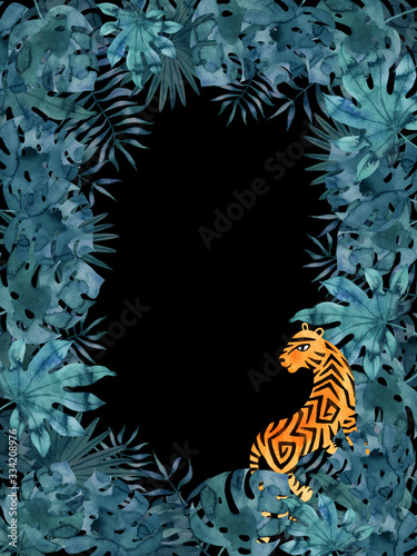Vertical rectangular dark frame template with watercolor tropical leaves and a tiger. Exotic hand painted illustration on black background.