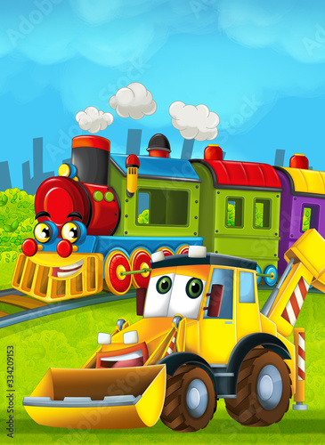 Cartoon funny looking train on the train station near the city and excavator digger car driving and plane flying - illustration © honeyflavour