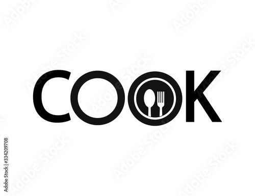 The word "cook" and plate with spoon and fork isolated on a white background.
