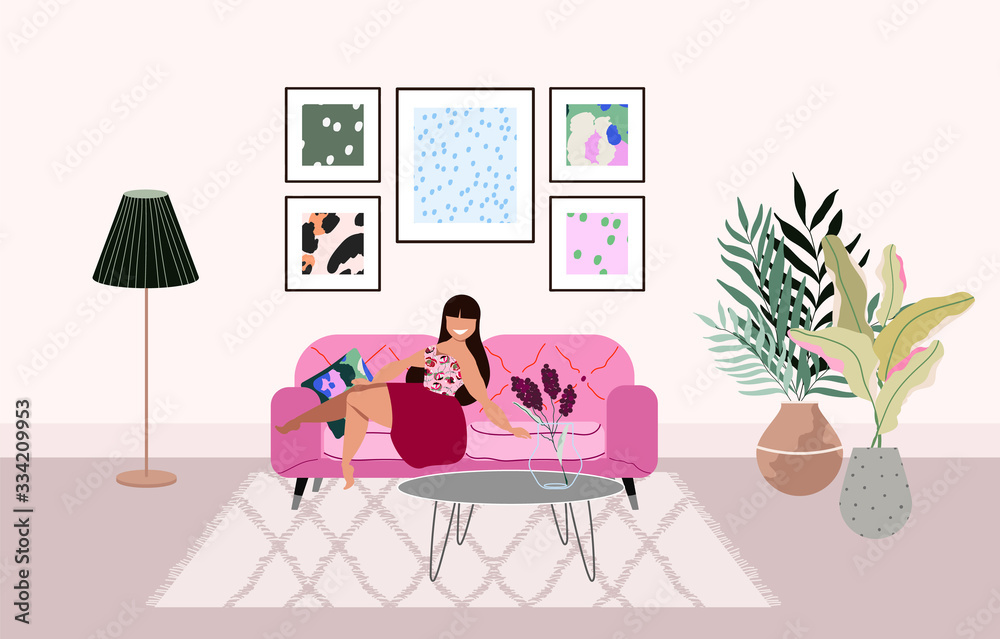 Long hair woman sitting on the pink sofa in the living room. Trendy interior design. House plants and picture frames on the wall. Hand drawn modern vector illustration for web banner, booklet design.