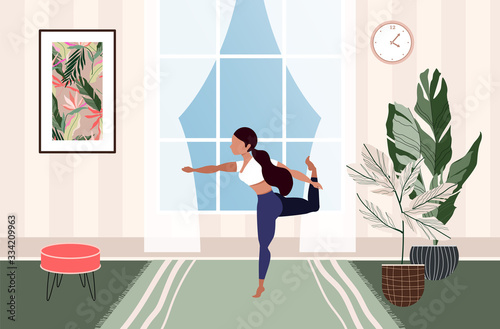 Girl exercising at home. Female doing yoga. Modern illustration of a woman doing yoga in the living room. Beautiful contemporary interior design. Cozy living and self isolation concept. Quarantine.