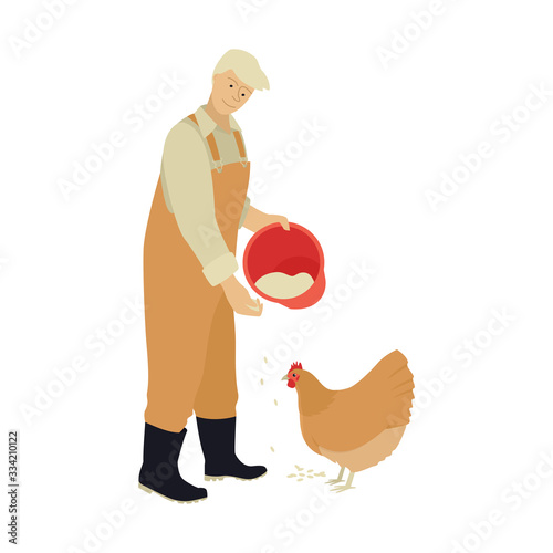 Farmer feeding domestic Orpington chicken Worker on a farm Poultry farming Countryside and farmland, agricultural industrial Vector flat illustration isolated on white background