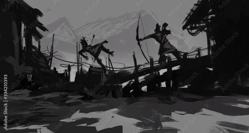 Εκτύπωση καμβά Digital painting of a warrior being shot by a rangers bow during a village assau