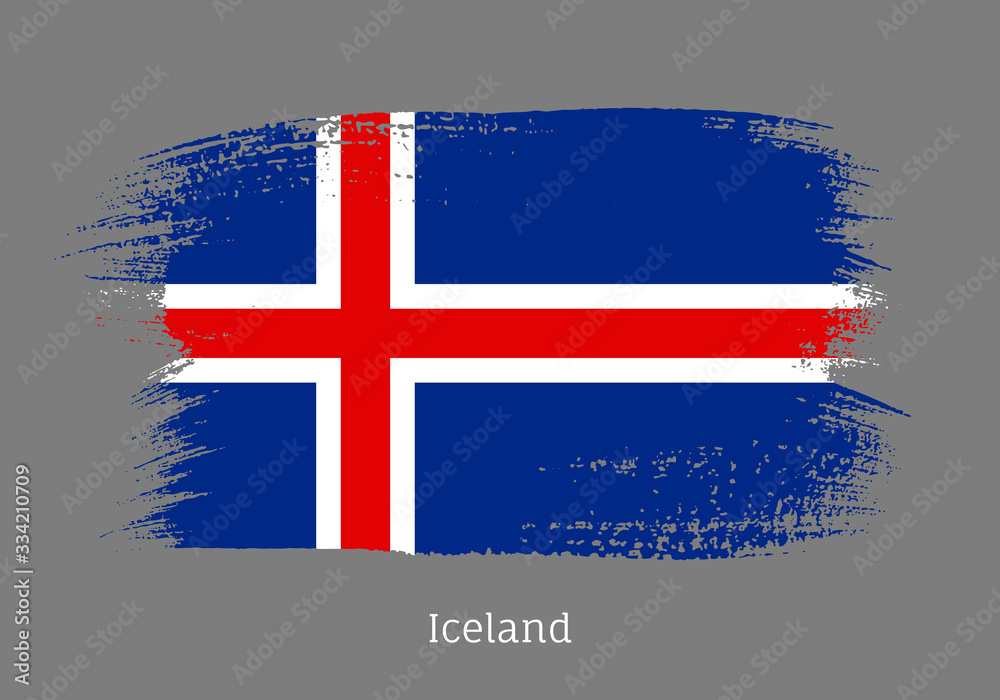 Obraz premium Iceland republic official flag in shape of paintbrush stroke. Icelandic national identity symbol. Grunge brush blot isolated on grey background vector illustration. Iceland country patriotic stamp.