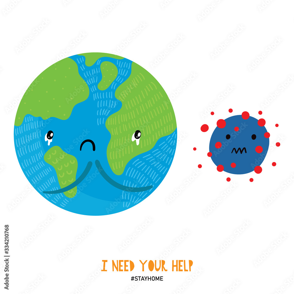 Coronavirus concept. Illustration of sad planet Earth and virus. Protection campaign or measure from coronavirus.Corona virus self-quarantine. Isolation period at home.