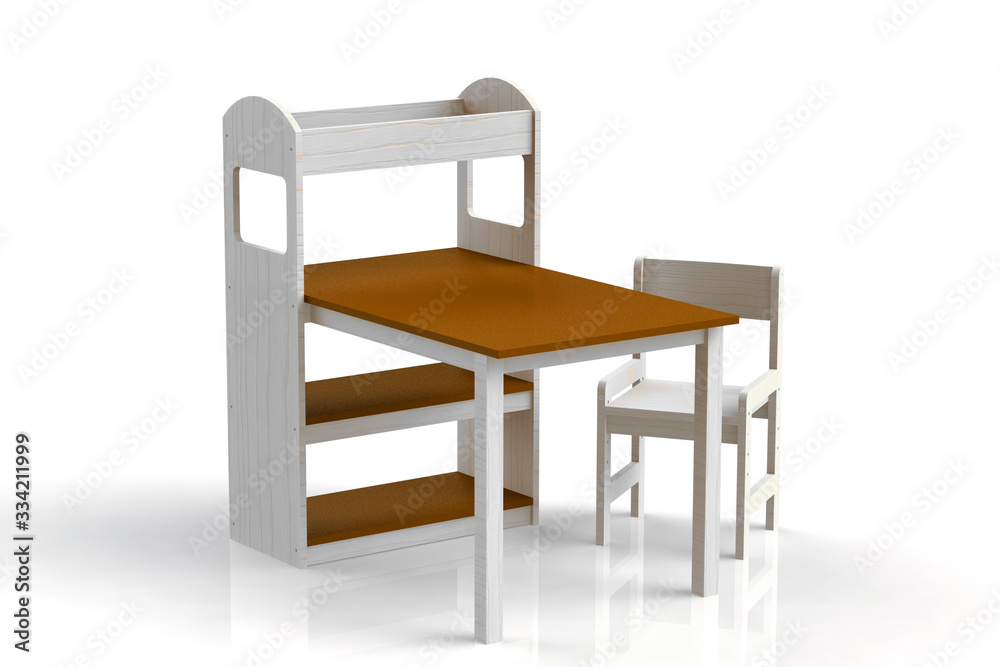 Furniture for children. Table with whatnot. Highchair. 3D render. Furniture for children. Table with whatnot. Highchair. 3D render.