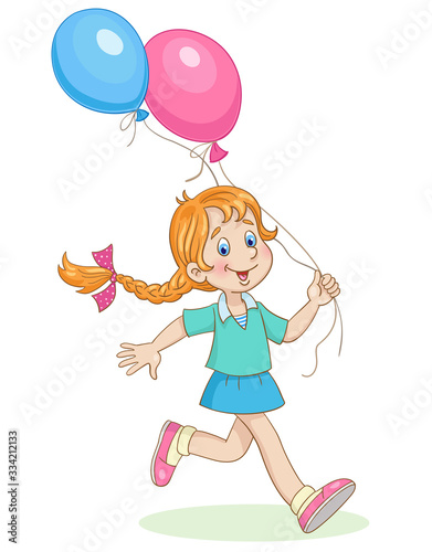 Cute funny girl runs with two colorful balloons in her hand. In cartoon style. Isolated on white background. Vector illustration.