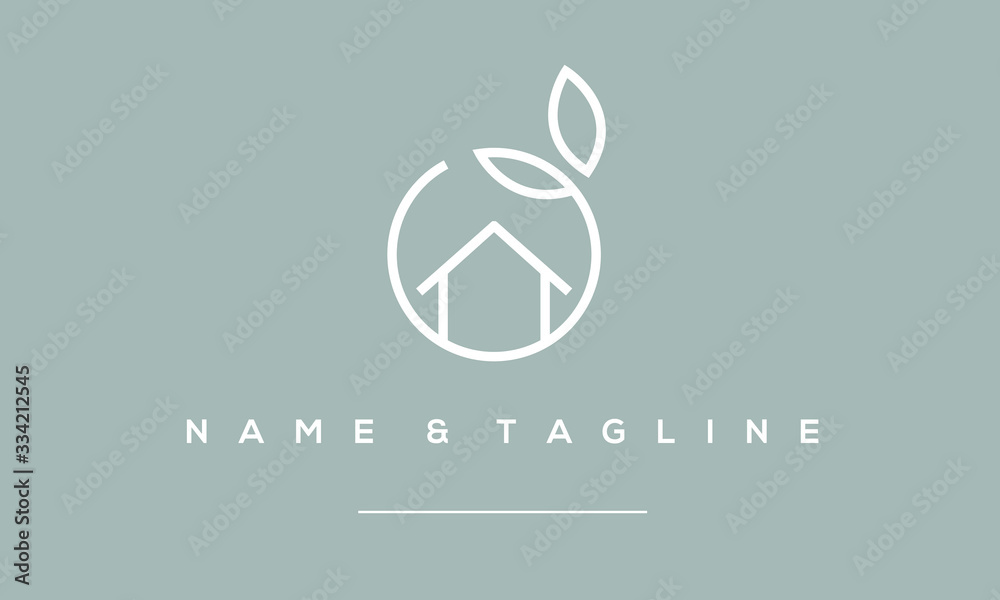 A line art icon logo of a house / home with a leaf circle 