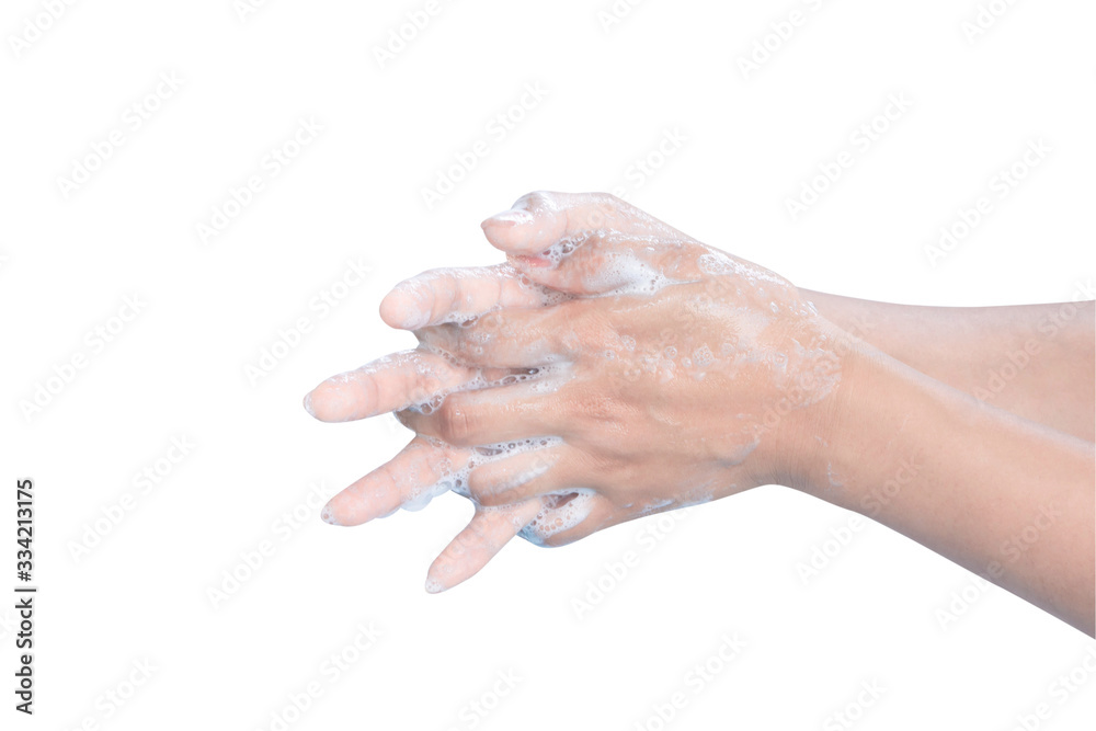 Closeup woman's hand washing with soap on white background, health care concept