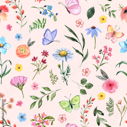 Watercolor wildflower seamless pattern. Cute botanical print, blooming meadow...