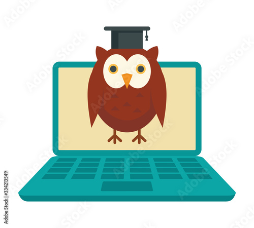 Distance learning. Vector illustration with laptop and wise owl, symbol of distance learning. Quarantined Learning