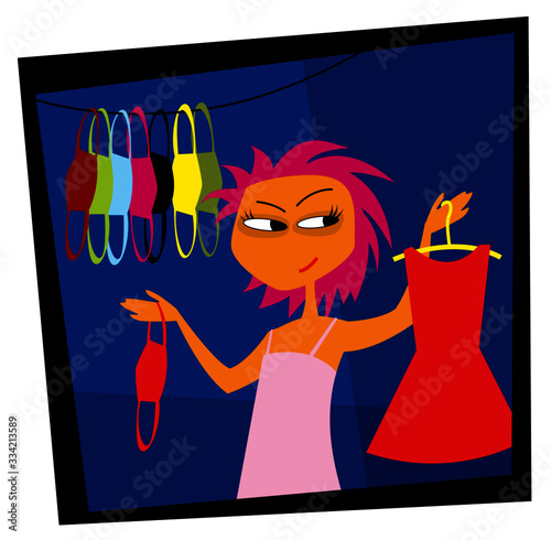 What the mask should I wear today? life in quarantine. A young girl on self-quarantine. Covid-19. New reality. Normal life in isolation. Vector flat style illustration.