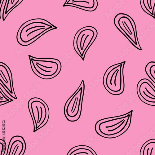 Vector seamless pattern of black hand-drawn heart shaped rose petals isolated on a pink background