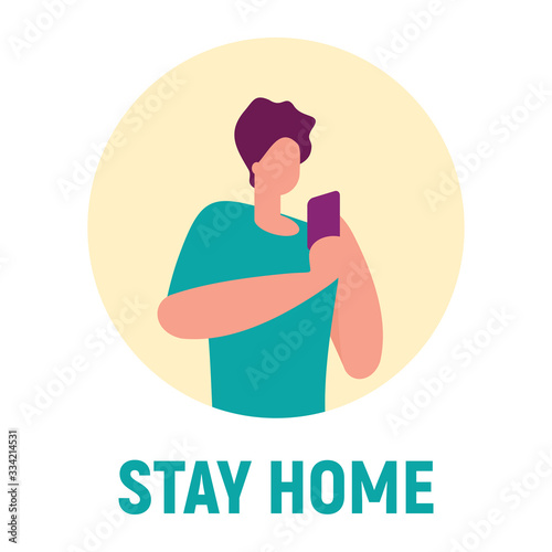 Stay home and communicate with family, use social network, read text, make photo. Vector concept with man on quarantine and self isolation