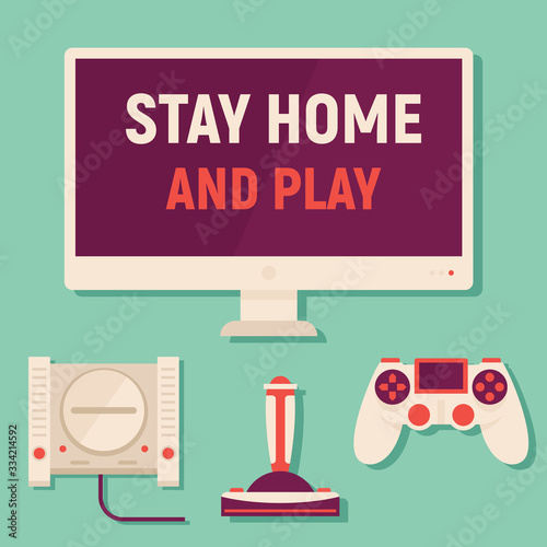 Stay home and play games. Vector concept with monitor, TV, concole and gamepads. Quarantine and self isolation