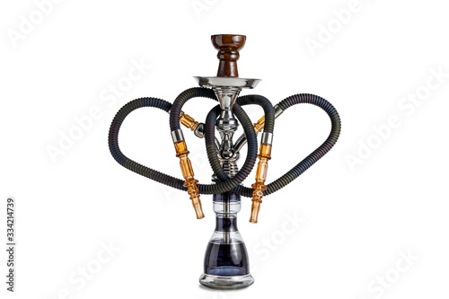 Isolated handcrafted hookah or water pipe on clear white background. Diferent parts of traditional shisha. photo