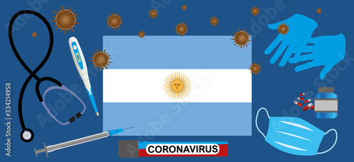 Vector illustration of a coronavirus epidemic in Argentina.Protective mask, gloves, medicines and medical equipment.Argentina flag and coronavirus blood sample.Coronavirus 2019-nCoV.Graphic element.